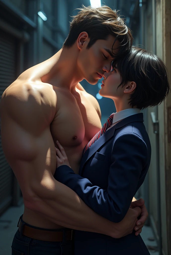 Muscular man and detective kissing a gay boy in a Japanese uniform