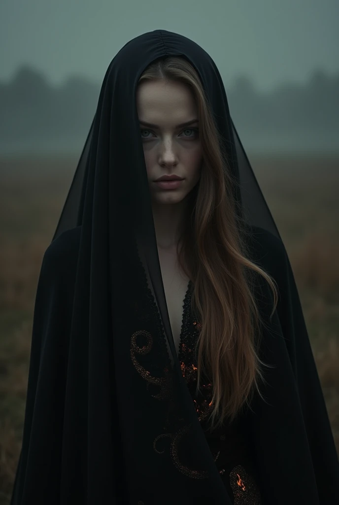 "memories are the water of life" (Misterious mood Soft Lighting Photography), stunning medium format analog photo, TWbabeXL01 beautiful (woman), A beautiful ((evil slavic woman)), pale skin, long light brown hair, over the shoulde wide view, black over black background, highly detailed, detailed realistic photography, masterpiece half-body photo, finely detailed skin, emotional, professional color grading, epiCPhoto, OverallDetailXL analog grain, Fujifilm Astia, low contrast, OverallDetailXL, dark fantasy, photo dress that has the patterns of burning fire, standing in a foggy field, liminal lighting, dslr, detailed quality, face covered by dark veil
