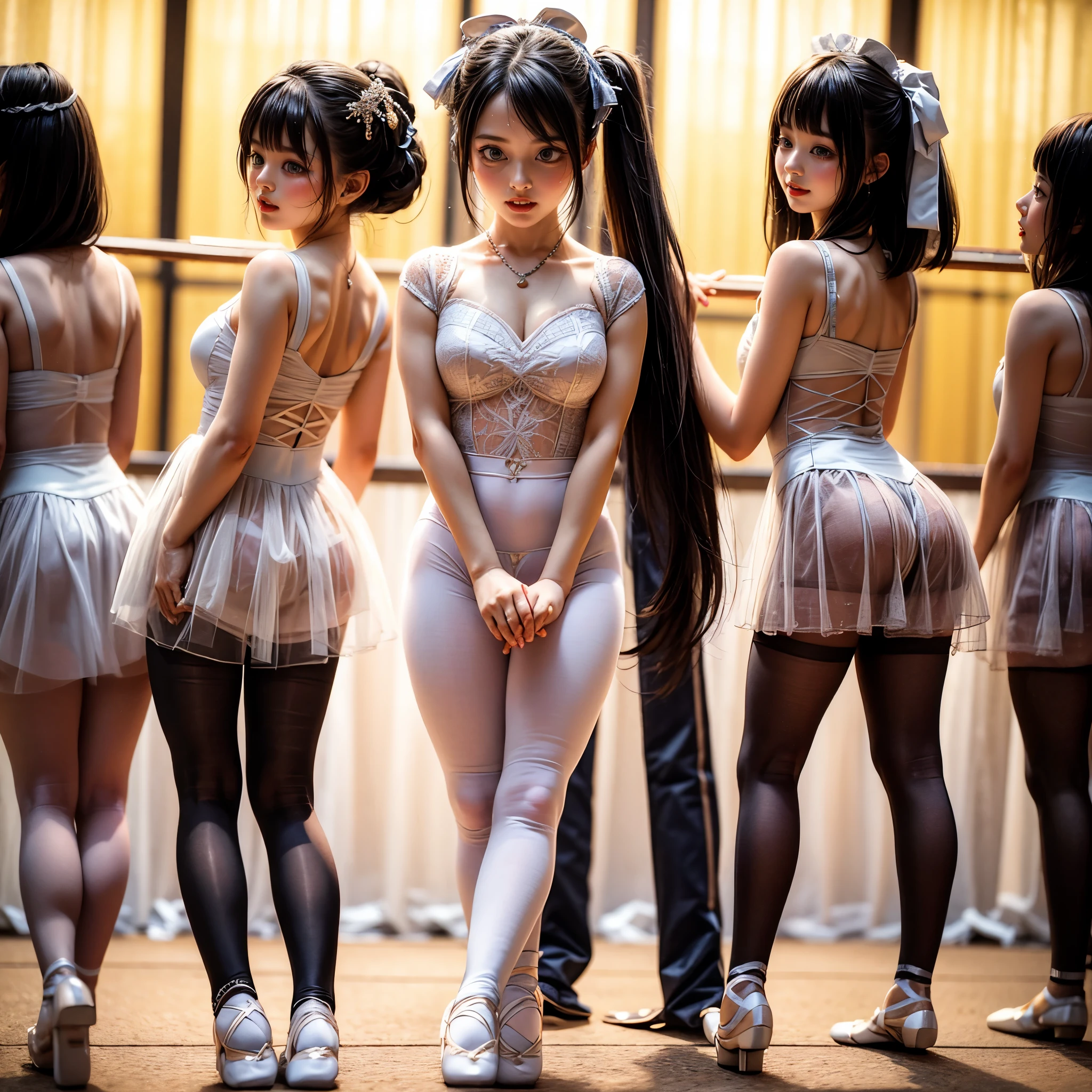 SFW, ExtremelyDetailed (((Kawaii Ballet Girls Group in a row:1.37))), Childish perfect face, Reflective Eyes, Detailed(Delicate Clothing textures), corrected hand, Dynamic Joyful Expressions LifeLike Rendering, (Specular Reflection:0.2), TopQuality 8K Ultra-detailed masterpiece (ProfessionalPhoto:1.37), (Acutance:0.8), (Luminism:1.28), ( Colorful Light particles:0.75), (Muscle:-0.5), facing away (from side ) (Clearly visible Beautiful hip shape)