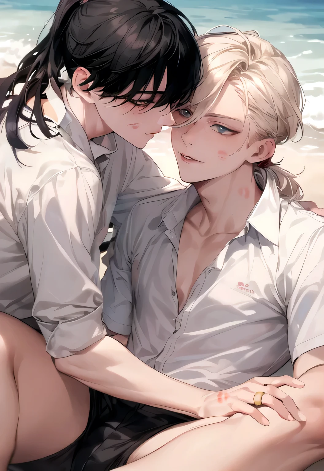 (Masterpiece), (Best Quality), Very detailed, (( a couple gay guy )), Perfect Face, Beautiful Face, Very detail, (short Black-haired man), (long ponytail blonde-haired man)、white shirt、kiss, chocolate, long eyelashes, in beach, effection, blood, open legs