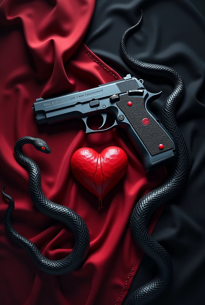 Crée moi une image qui me servira de couverture de livre. Une couverture assez, qui a pour objet un pistolet, un cœur en sang, de la soie.... Des objets qui font référence à de l'amour, de la trahison... Il ne faut pas qu'il y ai des humains sur l'image. J'aimerai comme couleur principale du Noir, Rouge, Avec pour titre Whispers in the shadow. J'aimerai aussi voir des vipère ???? au yeux rouge venir sur les côtés en direction du cœur, On ne doit pas voir Totalement les vipères juste leur tete ou seulement leur corp
