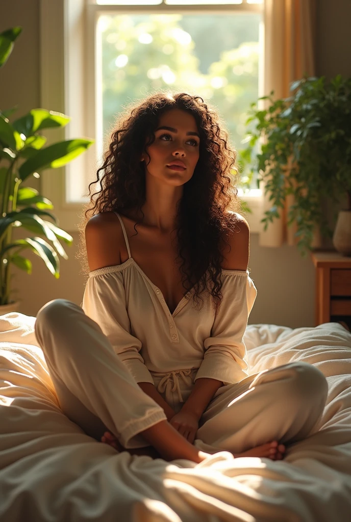 (photorealism:1.2), beautiful woman, sitting on bed, wearing loose off-shoulder top, pajama pants, long curly hair, indoors, soft lighting, plants in background, window with sunlight, cozy room, relaxed pose, realistic, intricate details, warm colors, by Greg Rutkowski, by Alphonse Mucha