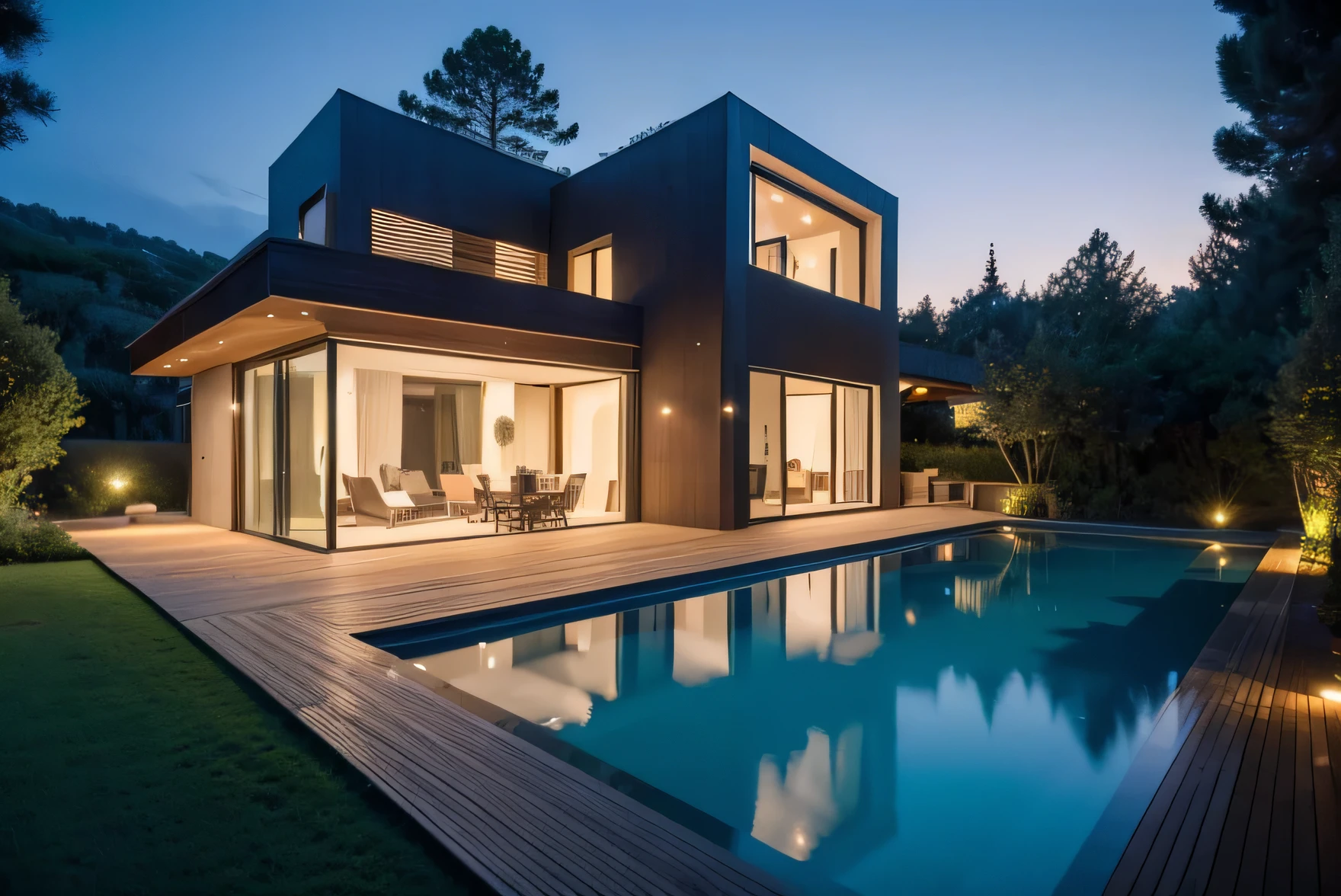 A modern villa in the forest by the sea in the south of France,It looks so charming in the twilight.,noble,It embodies the perfect blend of technology and nature,Photography Masterpieces,The lighting effects are superb,4k HD