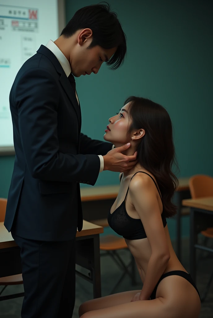 NSFW, a girl kneeling in front of a mans big , (masterpiece, Best Quality, realistic photo:1.4), (shiny skin), (HD, 8K Wallpaper, High resolution), perfect anatomy, cinematic lighting, physically based rendering, awarded, extremely detailed skin, Extra detailed face, Eyes with beautiful details., Carl Zeiss 85 mm F/1.4, (((1 girl and 1 man, couple, having sex))), (a man standing in front of a kneeling woman, grabbing his head), big , excited girl looking , (girl kneeling in front of a man:1.3), (Woman tilting her head up), girl looking , (1 girl: very cute 28 year old asian girl, (semi long wavy brown hair, hits), medium breasts with cleavage, (see through thighs), (socks), (submissive lingerie), (1 girl: blushizado y travieso, eyes), blush, in the midnight classroom, (1 man: A handsome man dressed in a recruit's suit, holding his head, standing in front of her, holding his neck), Shot from diagonal forward,