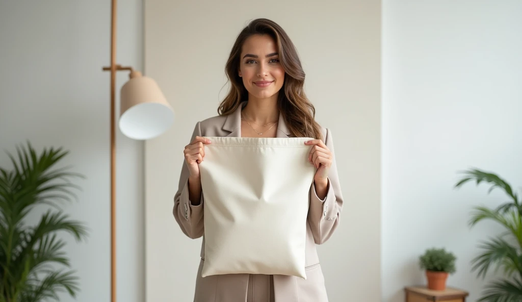 Woman is holding bag canvas fabric for mockup blank template