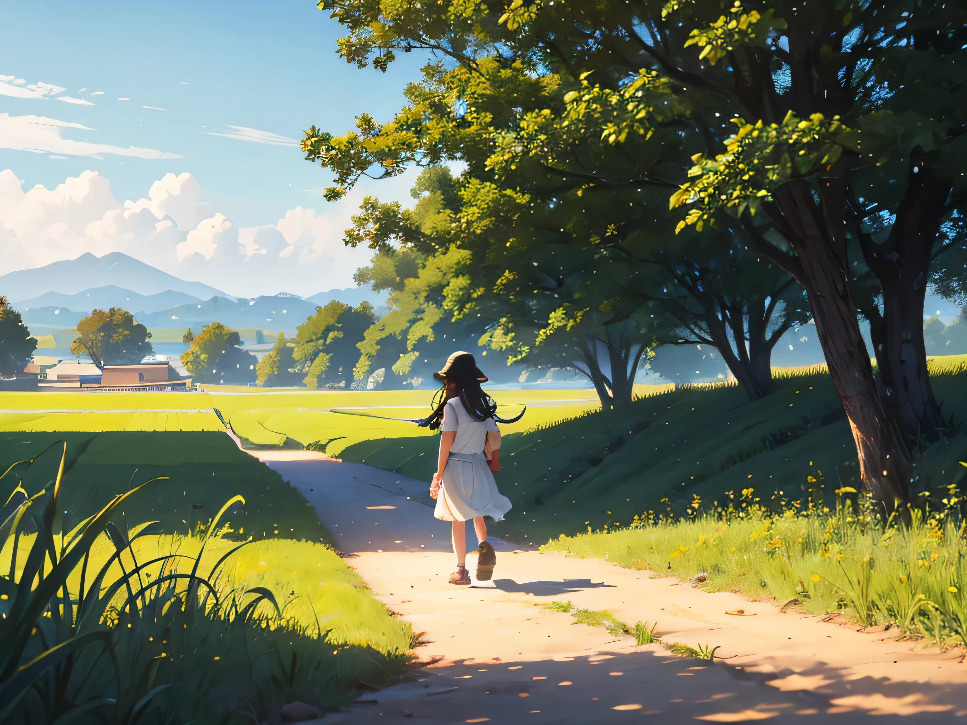 The surrounding area is a cornfield nearing harvest.　A young girl walks along a path between rice fields.　Fictional characters