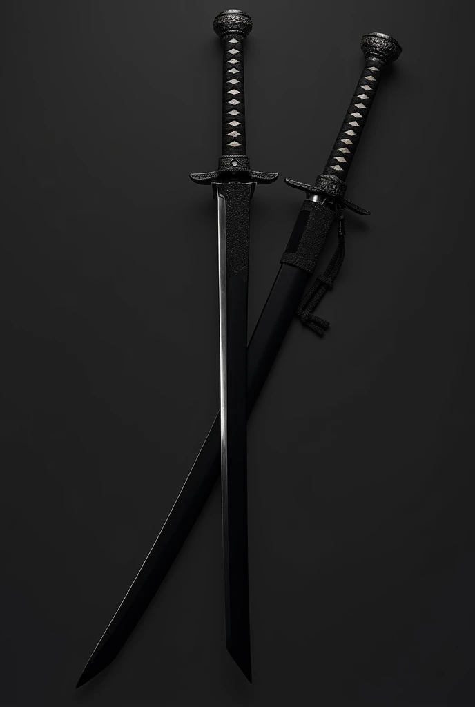 Katana with solid pure black slightly jagged at the tip of the blade and cool unique double topped hilt