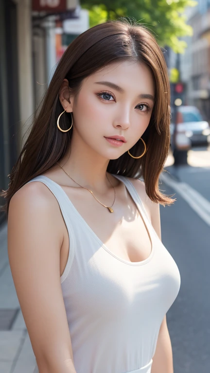 最high quality、masterpiece、High resolution、1 female、necklace、gem、Earrings、Beautiful Face、Body Up、Tyndall effect、Realistic、Rim Light、Two-tone lighting、(High resolutionスキン:1.2)、8k UHD、Digital SLR、Soft lighting、high quality、Volumetric lighting、photograph、High resolution、4K、8k、Brown haired woman、Adult、Small eyes、Perfect Mouth、Highly detailed eyes and mouth、Black natural eyes、Pure brown hair color、lol、Caucasian skin color、White shirt and random color tank top、Hair quality and shine、street、town、road、congestion、