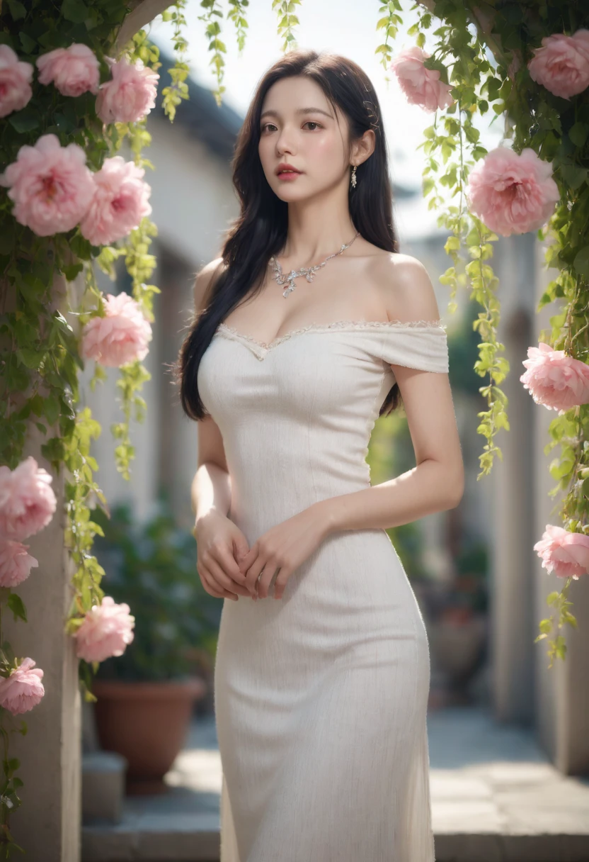 yuyibb,YUYIBB,(masterpiece:1.2), (best quality:1.2),(high quality:1.2),(realistic:1.2), (photorealistic:1.2) ,(official art:1.2),(extremely detailed:1.2), Masterpiece, best quality, realism, dress, solo, black hair, white dress, standing posture, front, long hair, blur, bare shoulders, pink flowers, jewelry, necklace, depth of field, off-the-shoulder dress, off-the-shoulder, chest, looking at the audience in front, collarbone, lips, vines.