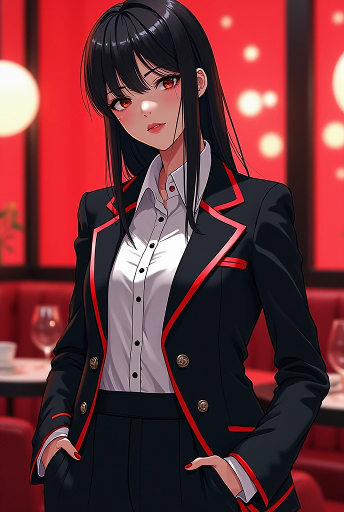 Dark anime pop cafe style school uniform for men and women with red and white accents