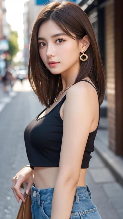 最high quality、masterpiece、High resolution、1 female、necklace、gem、Earrings、Beautiful Face、Body Up、Tyndall effect、Realistic、Rim Light、Two-tone lighting、(High resolutionスキン:1.2)、8k UHD、Digital SLR、Soft lighting、high quality、Volumetric lighting、photograph、High resolution、4K、8k、Brown haired woman、Adult、Small eyes、Perfect Mouth、Highly detailed eyes and mouth、Black natural eyes、Pure brown hair color、lol、Caucasian skin color、White shirt and random color tank top、Hair quality and shine、street、town、road、congestion、