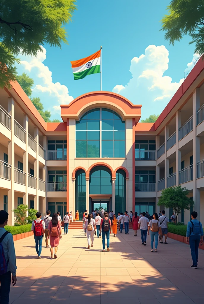 Indian intermediate college for 10+1,10+2 students, with lecturers and students and new college with decorations , Indian flag, Gods idols