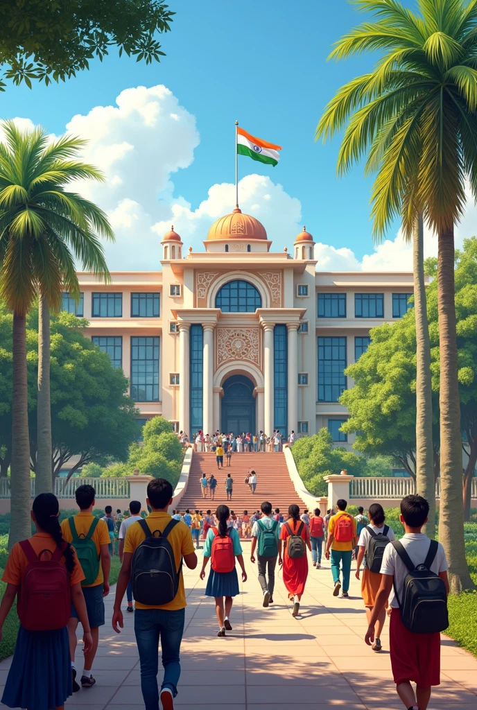 Indian intermediate college for 10+1,10+2 students, with lecturers and students and new college with decorations , Indian flag, Gods idols