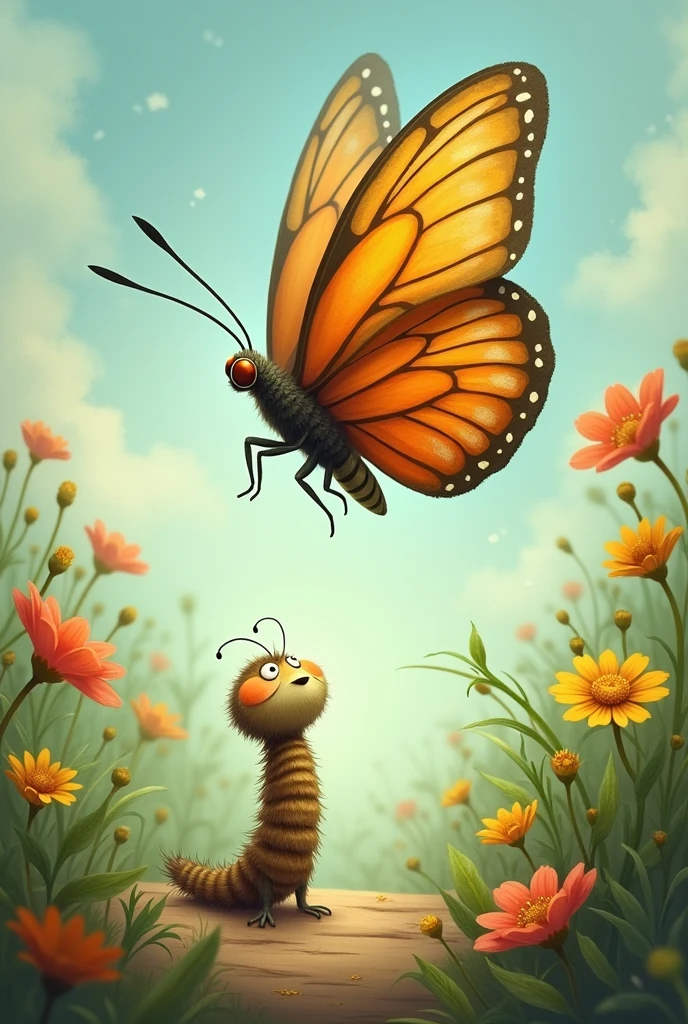 Caterpillar looking up at the wise butterfly with hope.
