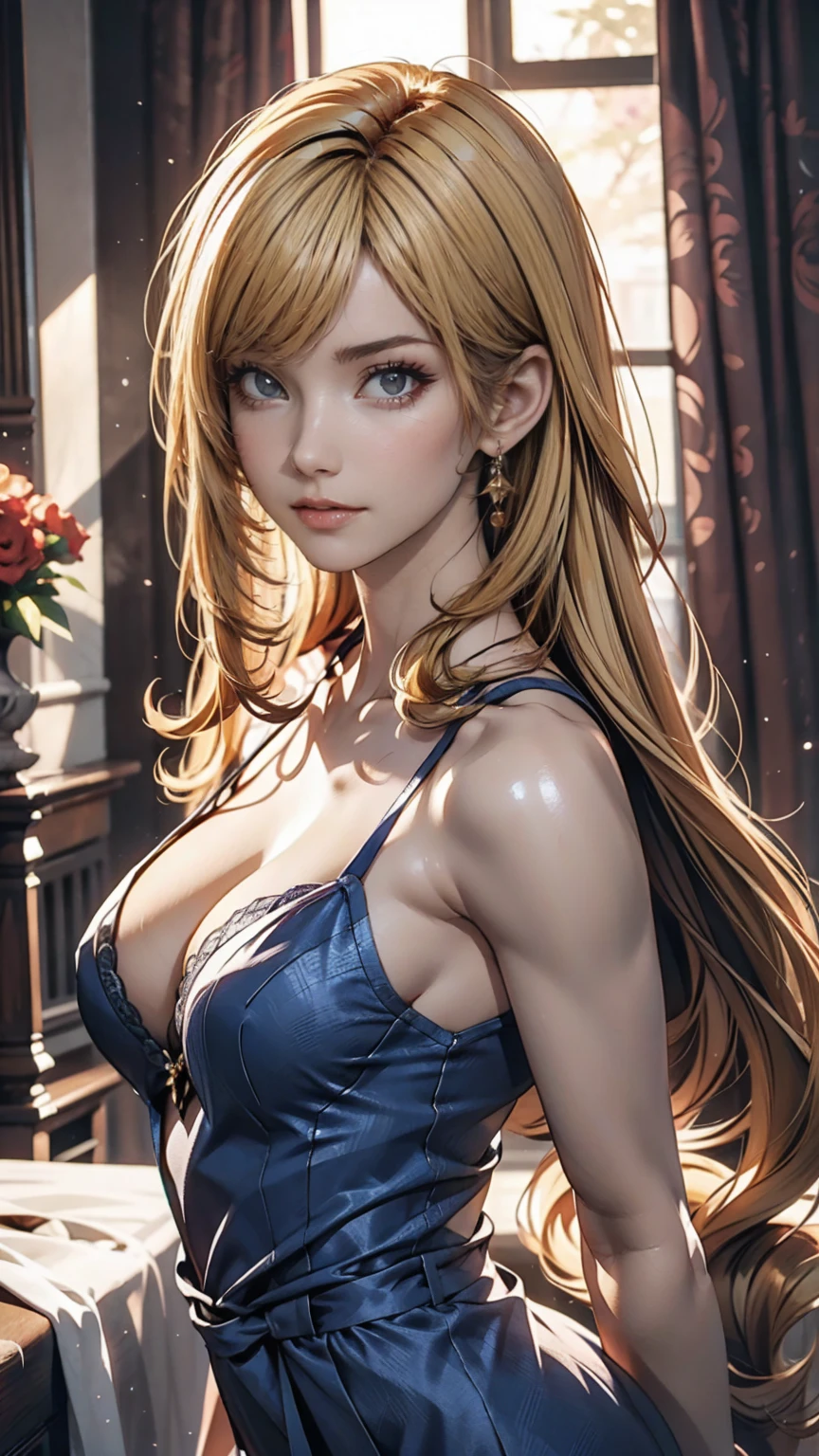 A blonde woman with long hair and a blue dress is posing for a photo, Realistic anime art style, Photorealistic anime girl rendering, Smooth anime CG art, Anime realism style, Realistic art style, realistic young anime, Gorgeous digital painting, Realistic Anime 3D Style, Beautiful anime portraits, Realistic anime art style, Close-up character portraits, 3D Anime Real, Anime style portrait