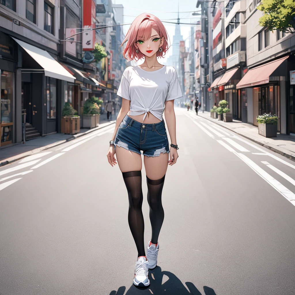 ((masterpiece, best quality, expressive eyes, perfect face, detailed eyes and face)), 1Woman, two toned hair, white and pink hair, short hair, tress hair, green eyes, a perfect face, the perfect body, small breasts, sports body, short stature, solo, makeup, ((red-lips:1.3)), earings, ear piercings, denim shorts, black knotted shirt, black thighhighs, sports sneakers, Clavicles only, city street background, by Amano Akira, ((full body:1.5)), looking at viewer, elegant smile