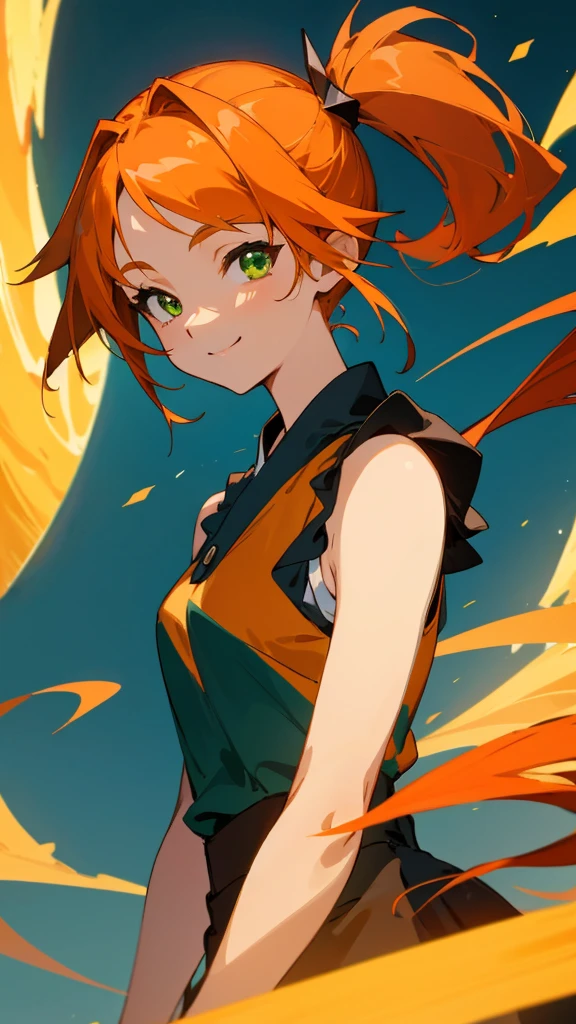 masterpiece、Highest quality、1 person、anime painting、Orange Hair、Beautiful green eyes、Side Ponytail、Sleeveless shirt、Black Skirt、Upper body close-up、From the side、smile、Cinema Lighting、cave、Sharp contours