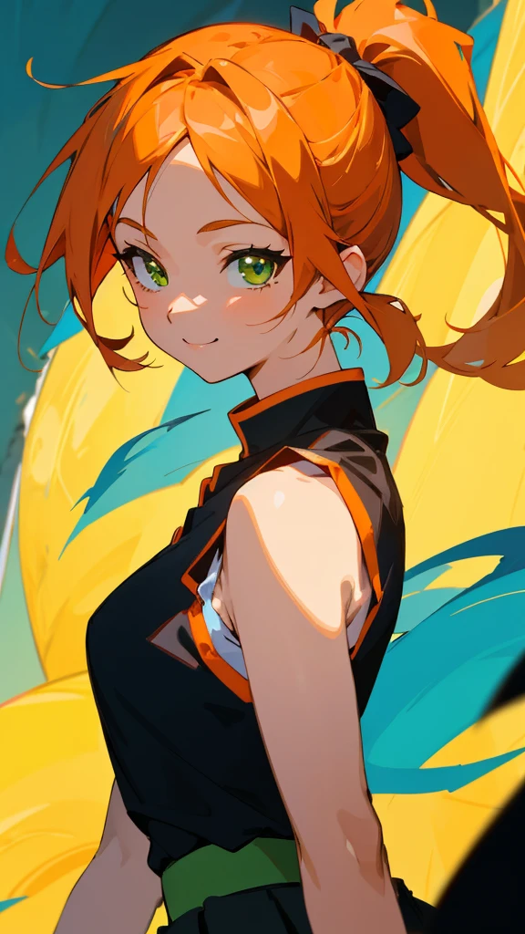 masterpiece、Highest quality、1 person、anime painting、Orange Hair、Beautiful green eyes、Side Ponytail、Sleeveless shirt、Black Skirt、Upper body close-up、From the side、smile、Cinema Lighting、cave、Sharp contours