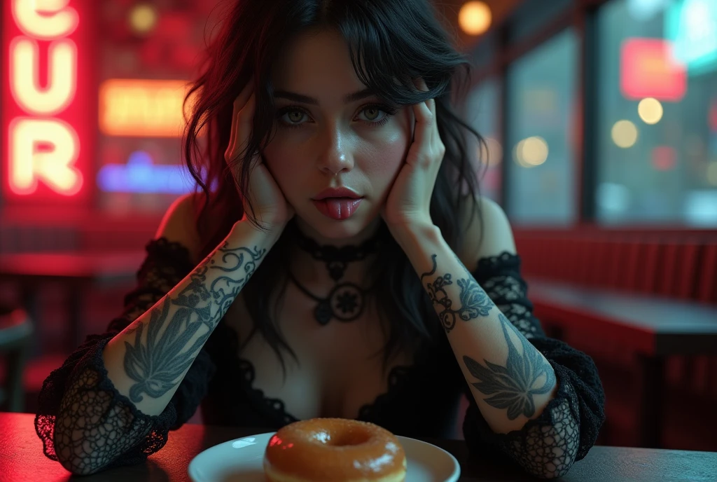 (Photorealisti:1.3), extremely detailed,realistic style,scifi dark art,filigree,angle shot,Hyperdetailed,Hyperrealistic,photography of a beautiful woman, dark lace gothic dress, tattoos,at morning,breakfast,looking directly through a donuthole,smiles,tongue out,32k ultra fine detailed,cinematic,photo realistic,dynamic lighting,masterpiece,high definition,stylized realistic art,smooth,ultra high definition,ultra sharp focus,intricate artwork masterpiece,neon lights,