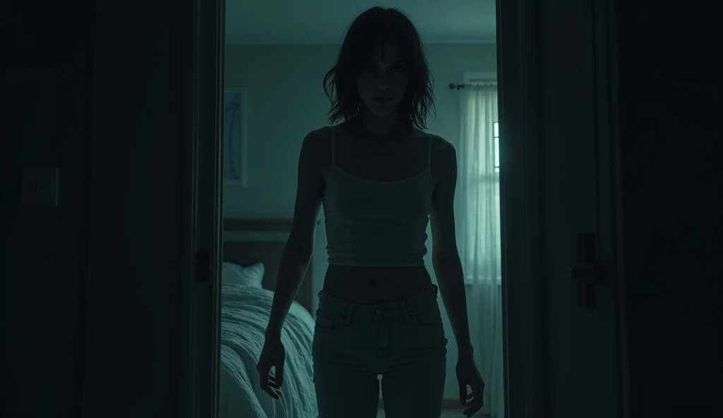 mother going to her 4 year daugher's room when she sleeping peacefully. mother is in fear for something.The room is dark, with only a faint light casting eerie shapes on the walls.