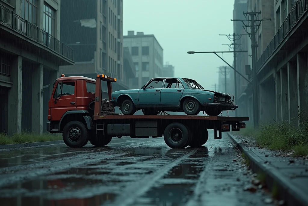 a wrecked car, tow truck, abandoned street, rain, gloomy atmosphere, dramatic lighting, cyberpunk, moody, dark tones, dramatic composition, cinematic, (best quality,4k,8k,highres,masterpiece:1.2),ultra-detailed,(realistic,photorealistic,photo-realistic:1.37)