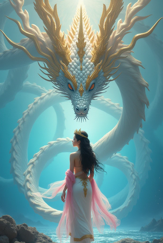 full lenght front of a white and gold thai naga with five heads. Full body image of a beautiful young woman wearing a white Thai dress with a pink sheen, a pink sarong with gold trim, a light blue silk cloth around her arm, long, flowing black hair, wearing a crown, tied loosely. Beautiful blue sea scene, glowing and shimmering light. Three-dimensional image, oil painting, sharp image, art image of Ajarn Chalermchai.