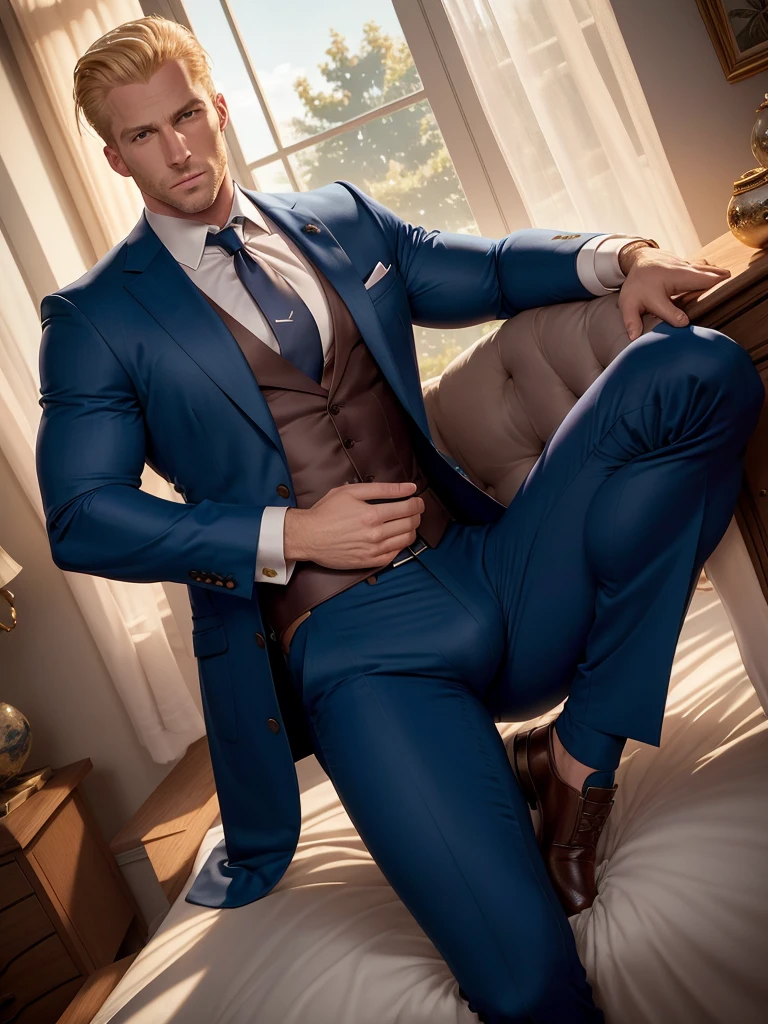 4K full body image, Realistic action long shot of a very handsome, blond, athletic, 30 year old wealthy bodybuilder businessman, clean-shaven, relaxing, arms stretched, wearing expensive tight, two-piece suits, tie with big fat knot, lying in bed relaxing, suit jacket unbuttoned and pulled aside for comfort. legs are muscular and long, big bulge in pants. Soft afternoon light filters through large windows. gorgeous face are very sharply defined and detailed, in high definition. beautiful blue eyes