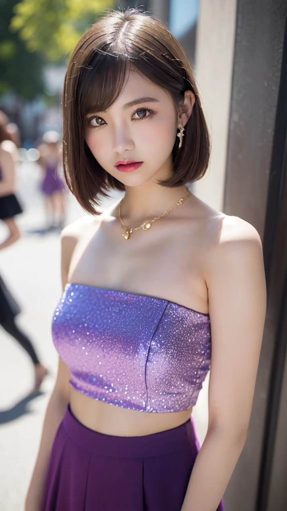 City of night, 1 female, A flashy Japanese gal, 20-year-old, ,((Completely naked)),((No clothes)),Double Eyes,mile, Detailed face, big ring earrings，Ring-shaped bracelet, Fancy large necklace, Rich purple eyeshadow, Flashy glitter makeup，Long False Eyelashes, Thick eyeliner, ((Short Bob:1.5))，Flashy Nails, fine grain, ((Gal clothes:1.5)), Slender proportions,Flat Chest, Small hips, Sexy pose, Official Art，Highly detailed CG Unity 8k wallpaper, (masterpiece:1.0),(highest quality:1.0), photo shoot, 8k, Browsing Caution, High resolution, Kodak Portrait 400, Film Grain, Lens flare brilliance,Very low camera angle, View your audience