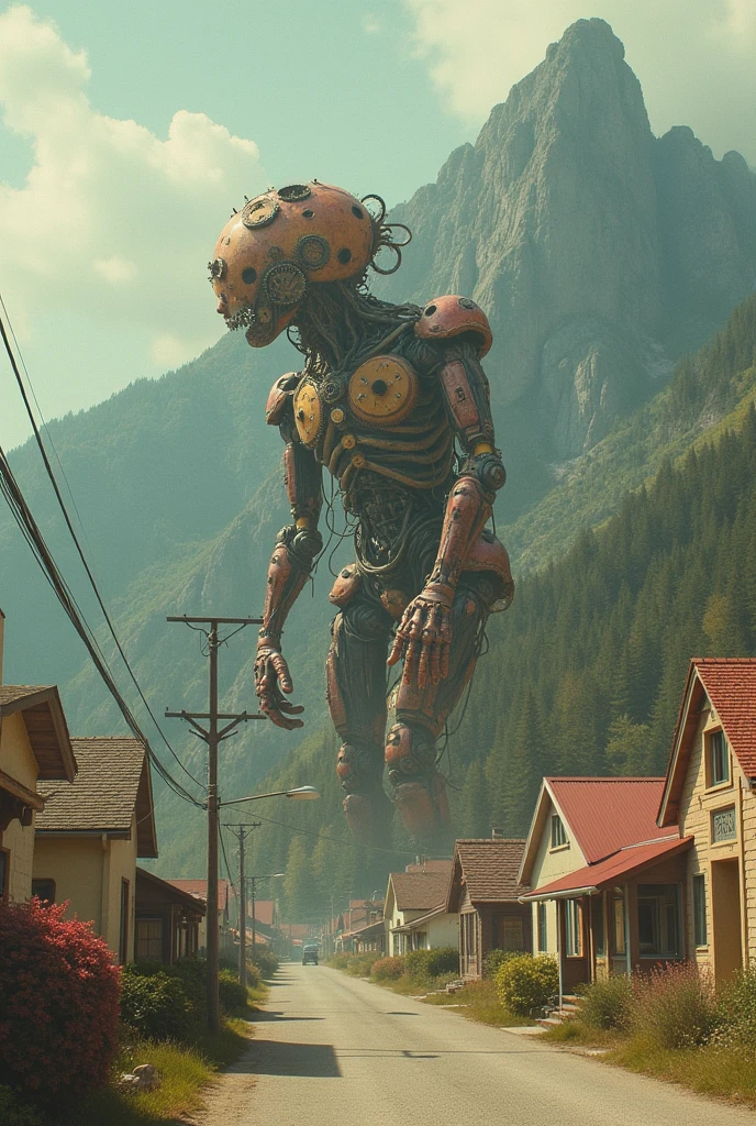 creature with a gear head, mountain and houses on the background, 1960s neighborhood, pastel colors, surreal atmosphere, dreamcore, raw photo, film grain, aerial shot, shot using 1960s camera