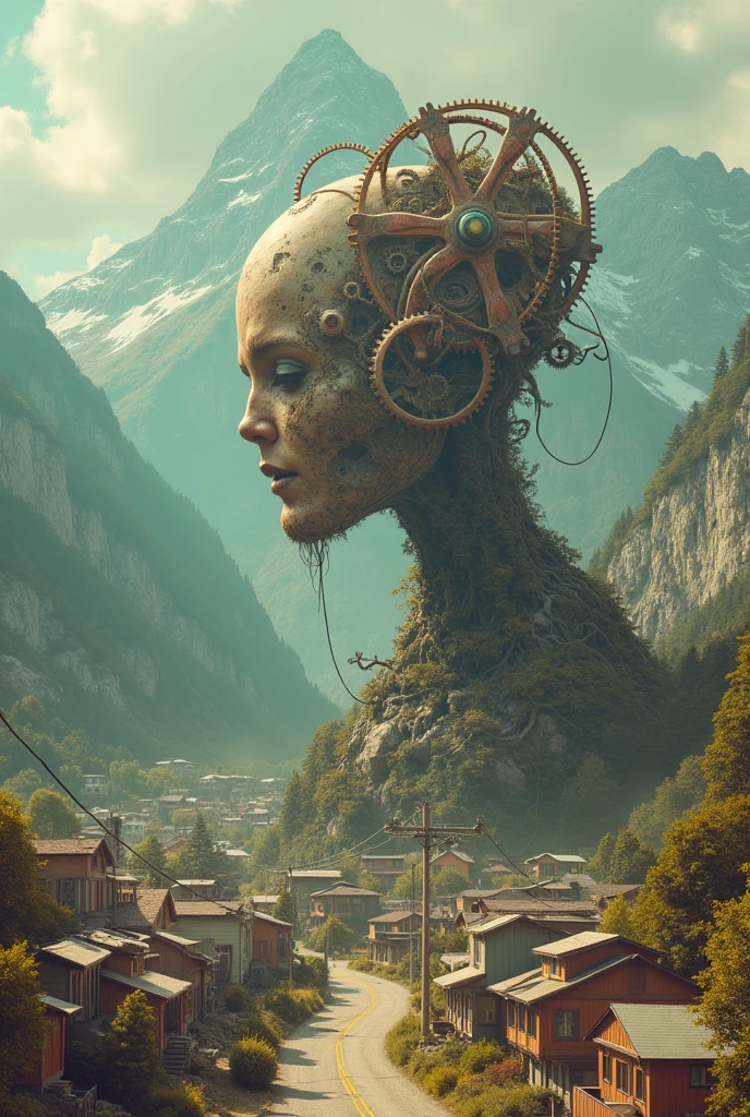 creature with a gear head, mountain and houses on the background, 1960s neighborhood, pastel colors, surreal atmosphere, dreamcore, raw photo, film grain, aerial shot, shot using 1960s camera