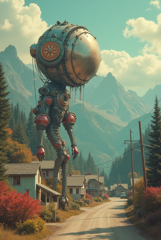creature with a gear head, mountain and houses on the background, 1960s neighborhood, pastel colors, surreal atmosphere, dreamcore, raw photo, film grain, aerial shot, shot using 1960s camera