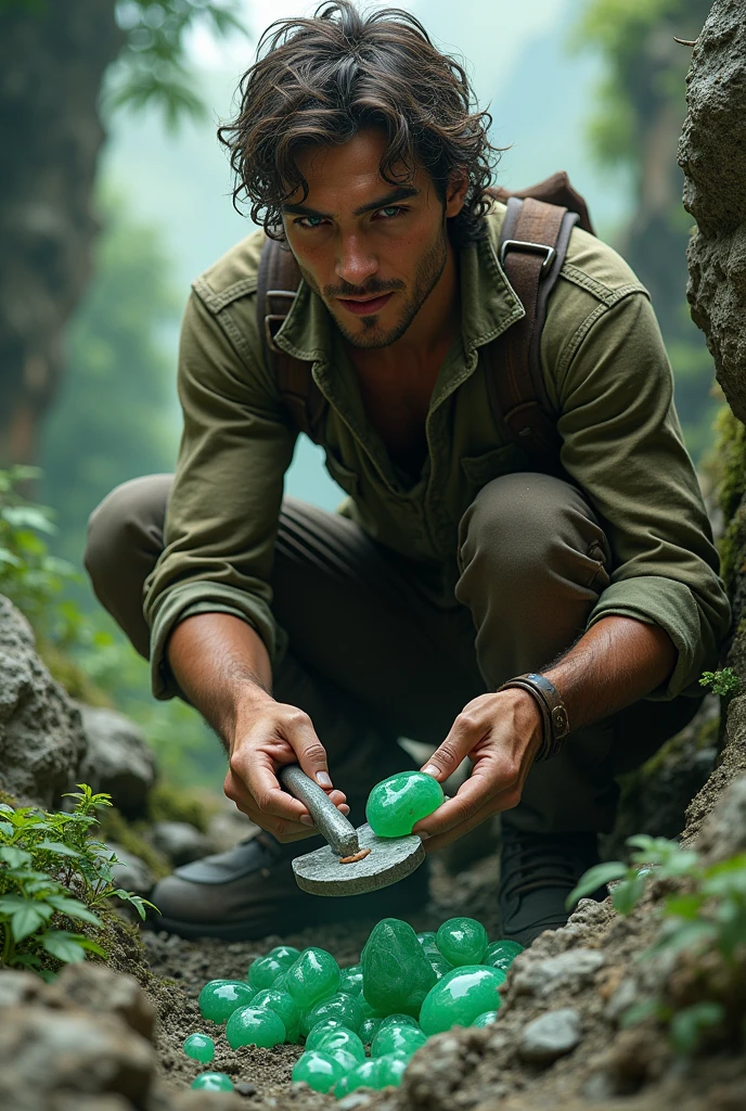 Young europian guy mining green jade