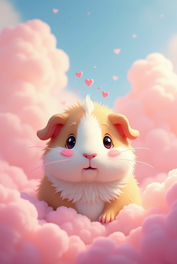 A guinea pig in front of pink clouds with a heart around its eye