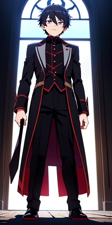 Full body, beautiful eyes , 1 boy , full body , cute boy , anime style , handsome eyes , (standing up) ,boy, (Tenebris is a shadowy figure, always shrouded in darkness. His eyes are a piercing crimson, and his clothing is made of a dark, scale-like material that seems to absorb light. He moves with an unnatural grace, almost as if he's gliding rather than walking.)
