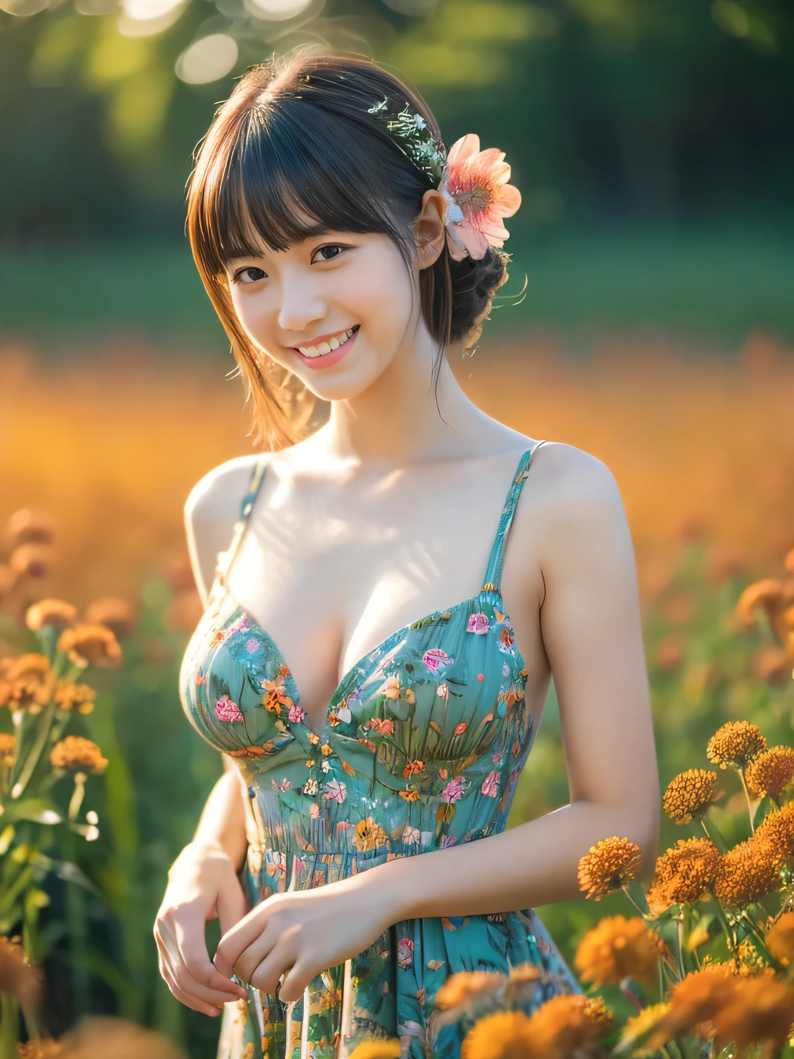 ((Masterpiece)), 8k, highest quality, 1 girl, solo, realistic, photorealistic, super detailed, detailed background, (Solo: 1.4), wearing a dress, happy expression, slender body, details half hair, intricate details, masterpiece, top quality, waist shot, ((flower field background)), smile, ((looking at camera)), asymmetrical bangs, natural breasts,