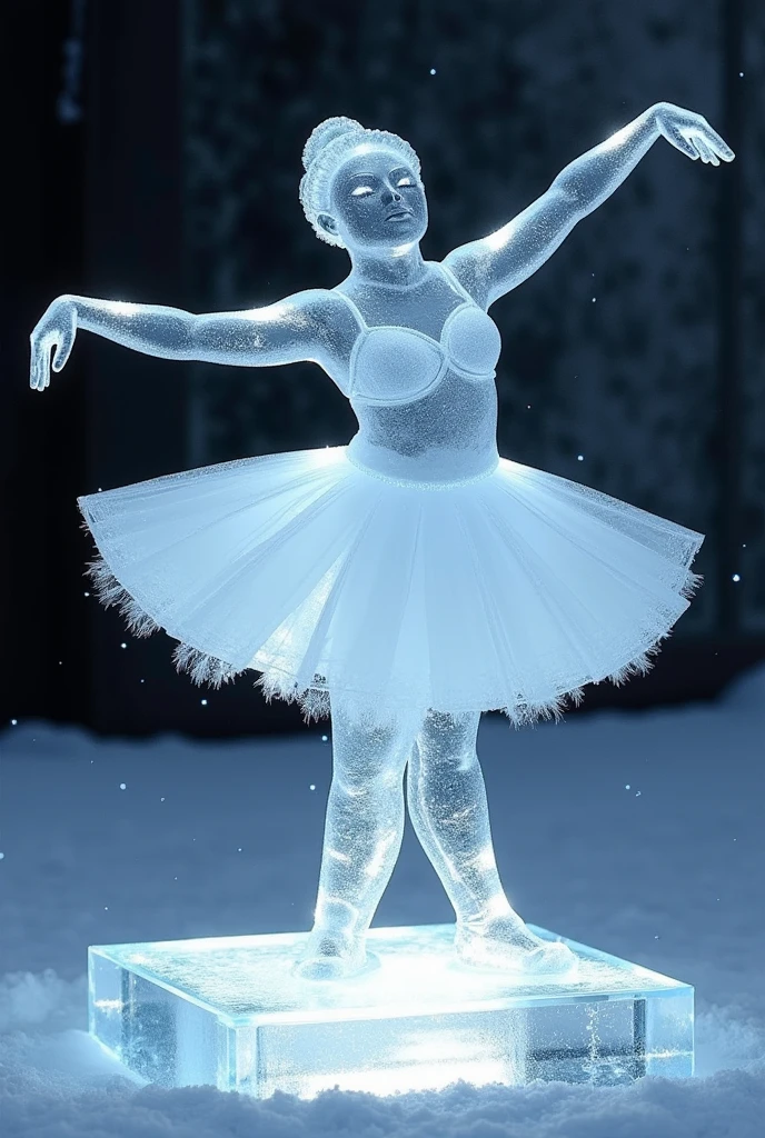 An ultra-realistic and highly detailed image of a sculpture made entirely of translucent ice, representing a ballerina dancing.
