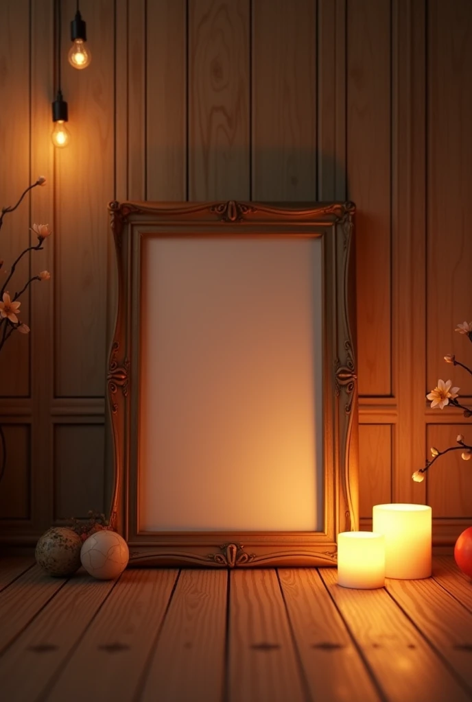 indoor，Wooden floor，Warm，A portrait-oriented rectangular frame，Warm colors