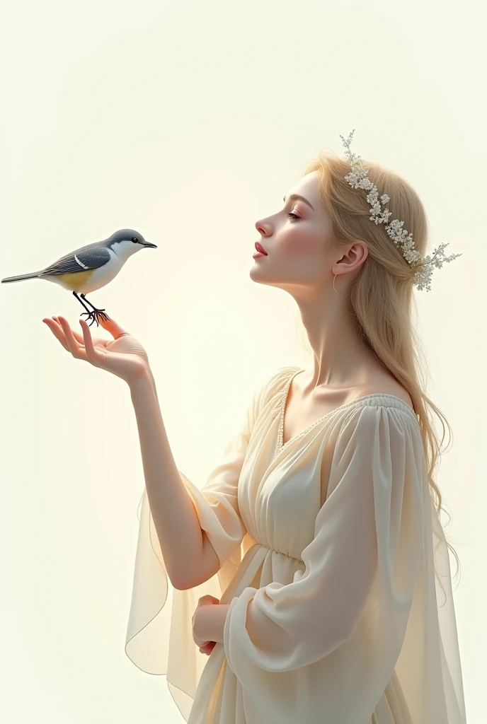 Beautiful ,rais her hand and looking at a little bird image without background
 