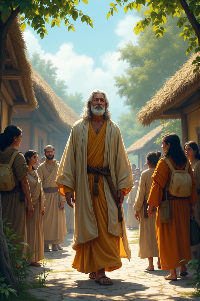 : The Arrival of the SaintA serene village scene with a holy saint arriving at the village. Villagers, curious and respectful, gather around the saint as he walks through the village.