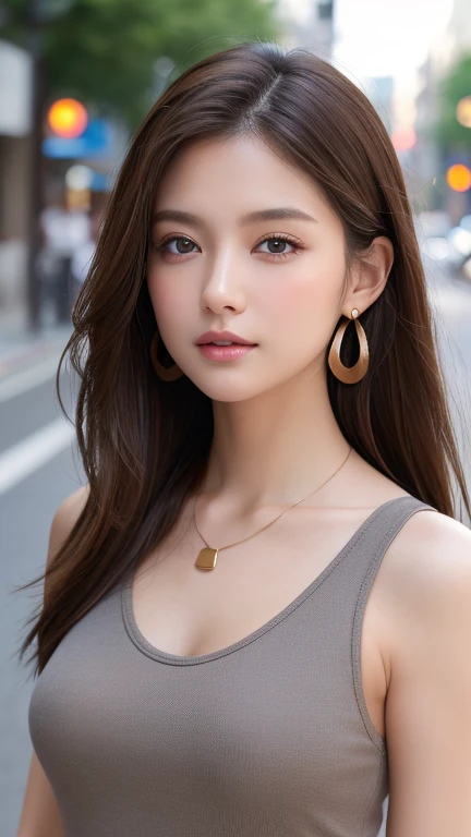 最high quality、masterpiece、High resolution、1 female、necklace、gem、Earrings、Beautiful Face、Body Up、Tyndall effect、Realistic、Rim Light、Two-tone lighting、(High resolutionスキン:1.2)、8k UHD、Digital SLR、Soft lighting、high quality、Volumetric lighting、photograph、High resolution、4K、8k、Brown haired woman、Adult、Small eyes、Perfect Mouth、Highly detailed eyes and mouth、Black natural eyes、Pure brown hair color、lol、Caucasian skin color、White shirt and random color tank top、Hair quality and shine、street、town、road、congestion、