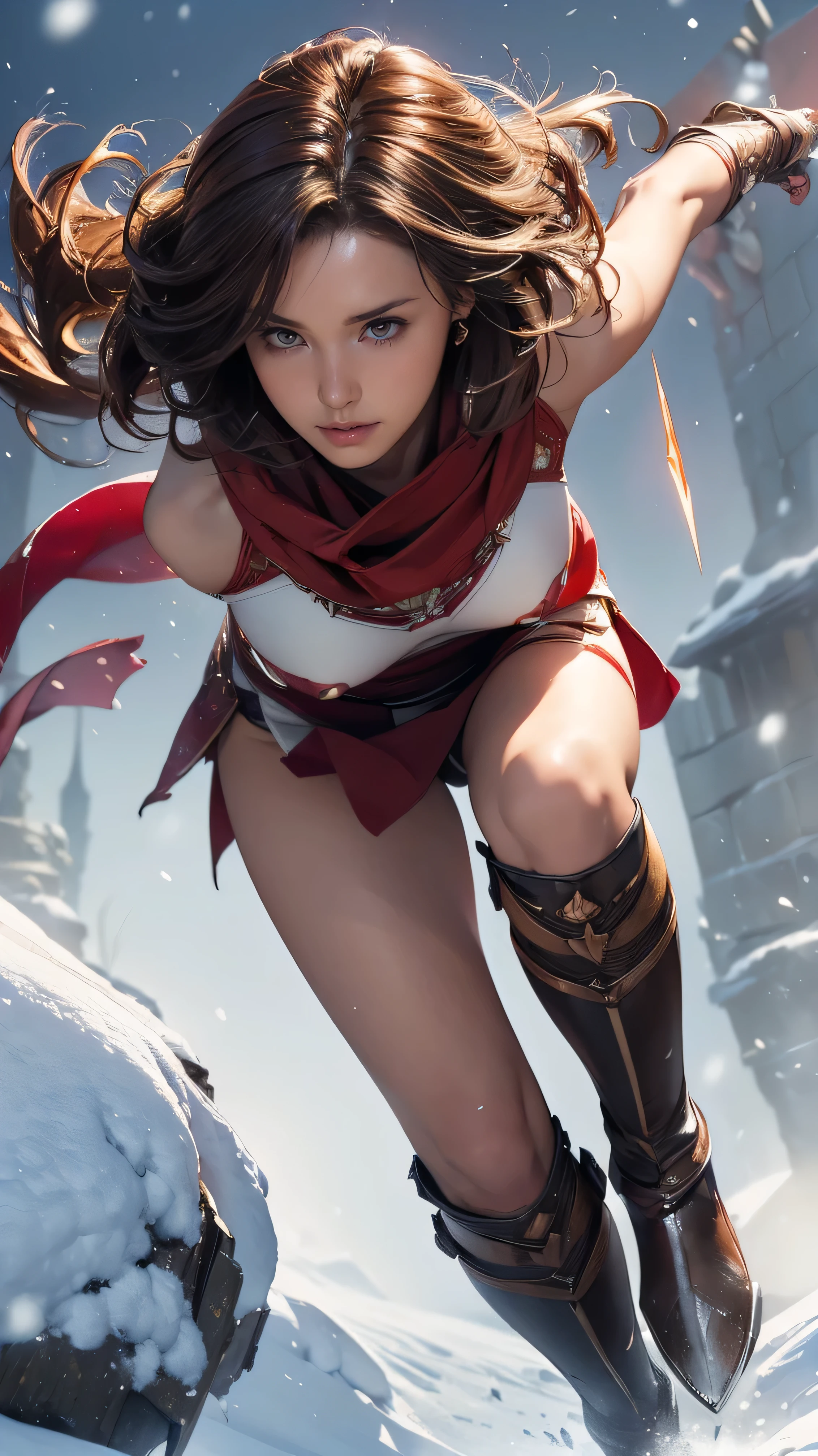 ((Highest quality,4K,High resolution,masterpiece:1.2)),((Character Concept Art)), 1 female, 20-year-old women, ((Shoulder-length brown hair、Hair curled loosely inwards)), (Skin as white as snow), Very detailed eyes (Brown Eye Color), have confidence, beautiful, slim body build, Big Breasts、((Intricate details)), Very finely crafted needles, Very finely crafted fingers(((10 fingers))),(Full-body showcase), (Show whole body),A shy smile、portrait of a woman warrior, rpg portrait concept art, (beautiful warrior, holding short sword and small shield, Wearing a red scarf, leather armor), ((in the terrible battle field_ running towards us at full speed.:1.5))))