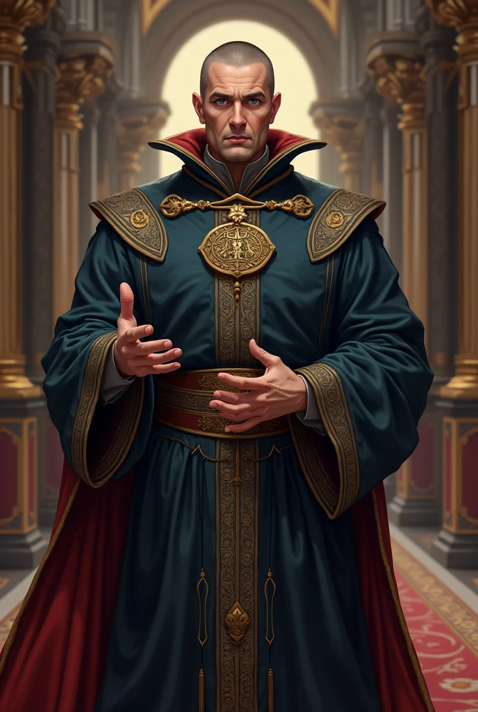 1 Middle-aged boys, full body version, blue eyes, Buzz cut, Black hair, Very serious expression, Priest Image, Black Royal Noble Elegant Clothing, robe, Guiding Posture, Noble Academy Scene