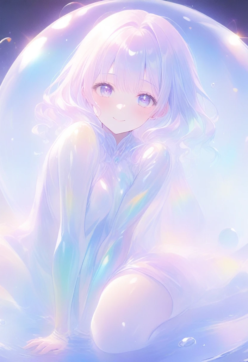 Super detailed, 8K, bubble, Right blue water, nice, bright, A beautiful girl is floating in the water hugging her knees with a mysterious smile, The girl is tall and busty/dark blue eyes/sparkling Eyes, Her long rainbow-colored hime-cut hair is flowing, shiny glossy iridescent clothes, shiny reflective clothes, pastel, lens Flare, soft gradient　