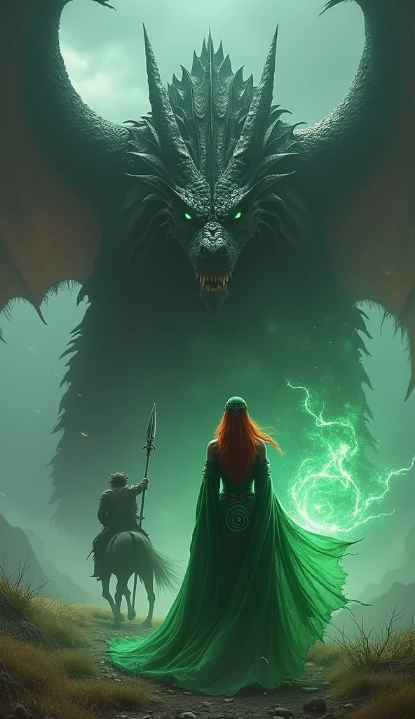 On a windswept battlefield under a darkened sky, Seraphina, with her long red hair flowing like fire, stands tall and commanding. Her emerald green headcloth is perfectly tied, complementing her piercing green eyes that glow with mystical power. She wears a flowing green robe made of lightweight fabric, with intricate magical circles embroidered on the sleeves. In her hand, she wields an ornate staff, glowing with energy. As she raises her staff, she summons the mighty Odin, who appears on a massive steed, his spear crackling with divine power. Together, they face a towering, black-scaled dragon. With a fierce command, Odin charges forward, his spear thrusting towards the dragon’s heart, while Seraphina casts powerful protective spells, their combined might overwhelming the fearsome beast.