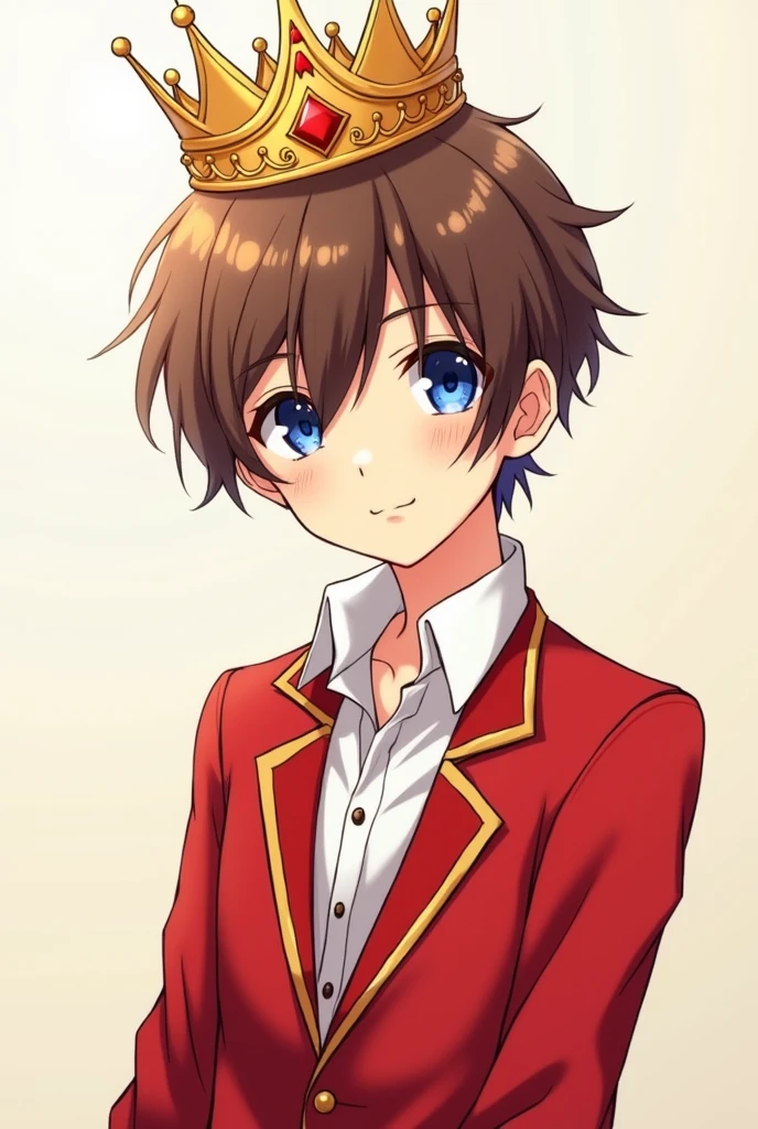 Make a blue eyed brown haired anime boy with a red jacket and crown 