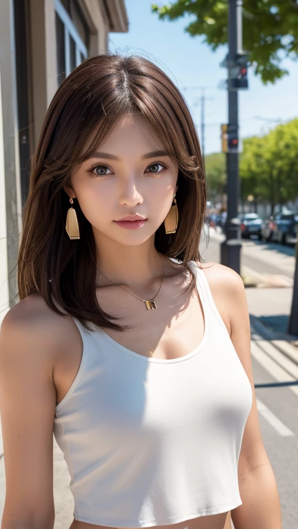 最high quality、masterpiece、High resolution、1 female、necklace、gem、Earrings、Beautiful Face、Body Up、Tyndall effect、Realistic、Rim Light、Two-tone lighting、(High resolutionスキン:1.2)、8k UHD、Digital SLR、Soft lighting、high quality、Volumetric lighting、photograph、High resolution、4K、8k、Brown haired woman、Adult、Small eyes、Perfect Mouth、Highly detailed eyes and mouth、Black natural eyes、Pure brown hair color、lol、Caucasian skin color、White shirt and random color tank top、Hair quality and shine、street、town、road、congestion、