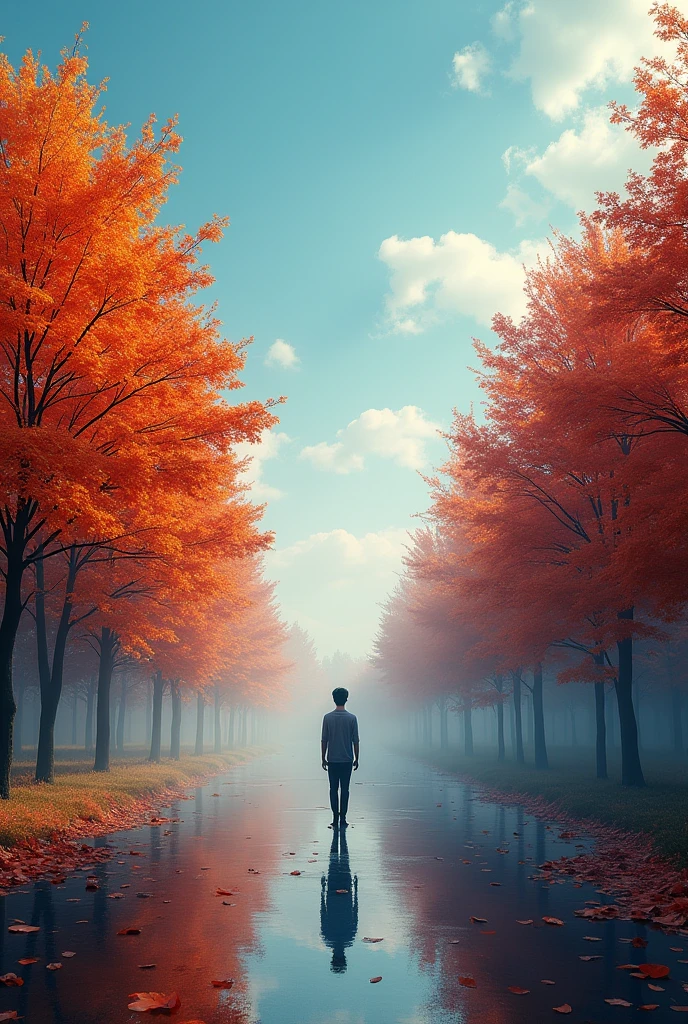 wallpaper, Stand in the fall, Maple Leaf, Trees, Sky, White Cloud, High-resolution details, Wet watermark, Ultra Detail, Movie, Surrealism, Soft Light, Deep Focus Bokeh, Ray Tracing, diffusion (Ultra-fine glass reflection) and Surrealism. --v6