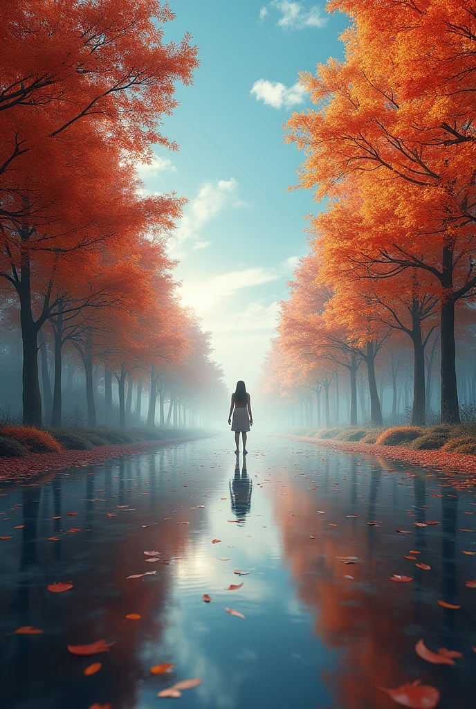 wallpaper, Stand in the fall, Maple Leaf, Trees, Sky, White Cloud, High-resolution details, Wet watermark, Ultra Detail, Movie, Surrealism, Soft Light, Deep Focus Bokeh, Ray Tracing, diffusion (Ultra-fine glass reflection) and Surrealism. --v6