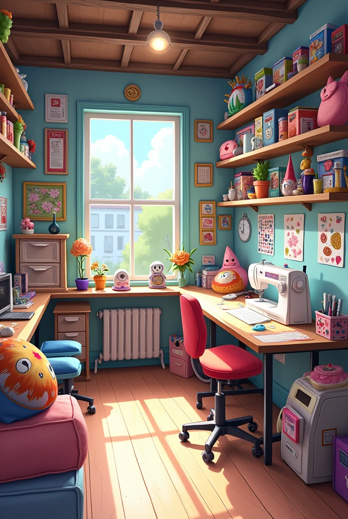 Make me a sewing workshop room with environmental decoration and various anime pop style elements