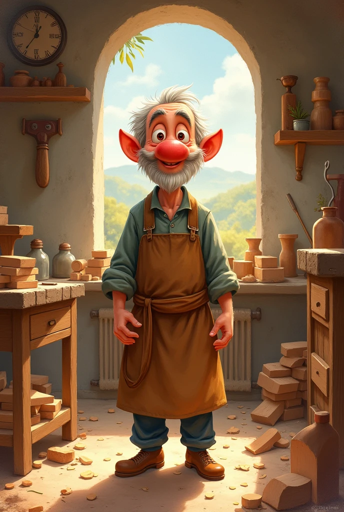 mastro antonio, mastro ciliegia of pinocchio story, old carpenter with shiny and red nose like a cherry, watercolor children book style